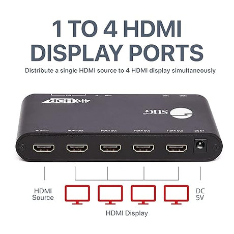 SIIG 1x4 HDMI 4K HDR Splitter - 4K@60Hz, HDCP 2.2, 18Gbps, Auto Scaling, Cascadable, Firmware Upgradable, 1 in 4 Out, TAA Compliant (CE-H22Y11-S1) 1 to 4
