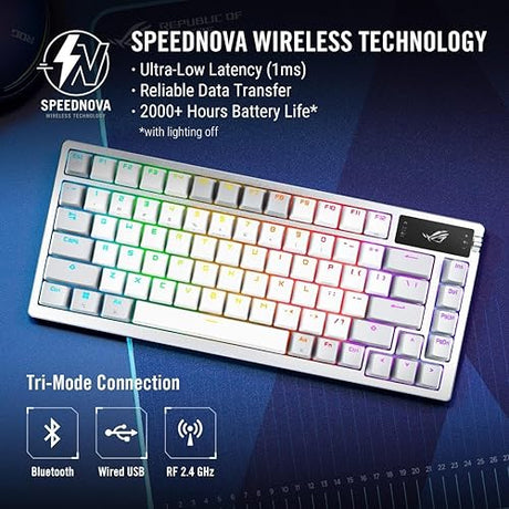 ASUS ROG Azoth 75% Wireless DIY Custom Gaming Keyboard, OLED Display, Three-Layer Dampening, Hot-Swappable ROG NX Snow Switches & Keyboard Stabilizers, PBT Keycaps, RGB-White