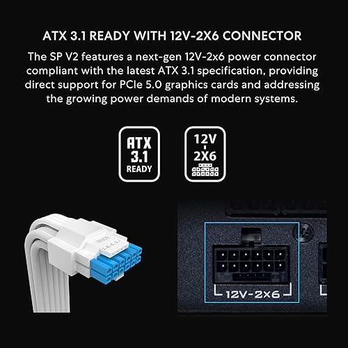 Lian Li SP750 Gold - 750 Watt SFX Form Factor Power Supply with 12V-2x6 Cable - Low Noise - 80 Plus Gold Efficiency - ATX 3.1 & PCIe 5.1 Compliant - Easy Cable Management - White (SP750G.W) Gold 750W V2 White