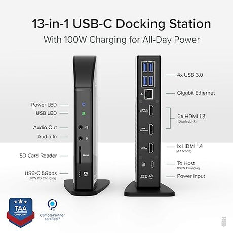 Plugable USB-C Triple Monitor Docking Station: 13-in-1 Laptop Dock with 100W Charging for Mac (DisplayLink Driver Required), Windows, Chrome, 3 HDMI, Gigabit Ethernet, SD, USB-C 20W, 4 USB - UD-ULTCDL