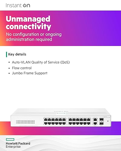 HPE Networking Instant On Switch Series 1430 26-Port Gb Unmanaged Layer 2 Ethernet Switch | 26x 1G | 2X SFP Uplink Ports | Fan-Less | US Cord (R8R50A#ABA) 26G 2SFP