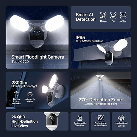 Tapo TP-Link Smart Outdoor Security Floodlight Camera, Wired, 2800 Lumens, 270° Motion-Activated, 2K QHD, No Subscription Required, Works w/Alexa & Google Assistant, Smart AI Detection, C720