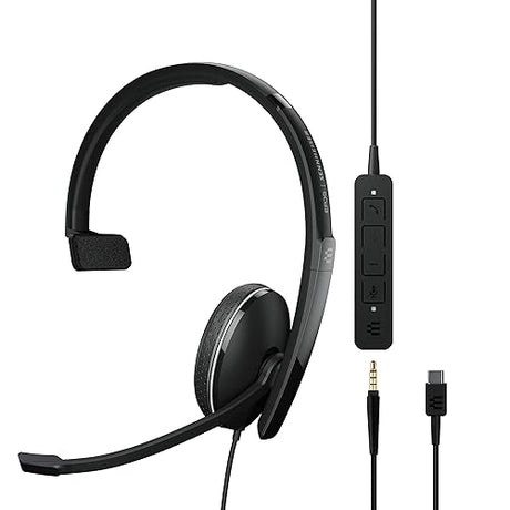 EPOS | Sennheiser Adapt 135 USB-C II (1000918) - Wired, Single-Sided Headset - 3.5mm Jack and USB-C Connectivity - UC Optimized - Superior Sound - Enhanced Comfort - Call Control - Black