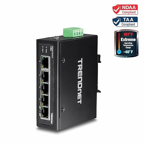 TRENDnet 5-Port Hardened Industrial Gigabit DIN-Rail Switch,TI-G50, 10 Gbps Switching Capacity, IP30 Rated Gigabit Network Switch (-40 to 167 ºF), DIN-Rail & Wall Mounts Included, Lifetime Protection 5 Port Switch