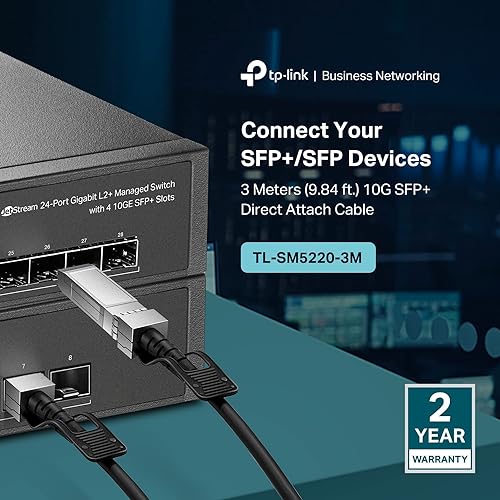 TP-Link 3 Meter, 10 Feet 10G SFP+ Direct Attach Cable(DAC) (TL-SM5220-3M) - Passive Twinax Cable, 10GBASE-CU SFP+ to SFP+ Connector, Plug and Play, LC Duplex Interface