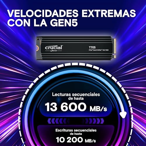 Crucial New 2024 T705 1TB PCIe Gen5 NVMe M.2 SSD with Heatsink - Up to 13,600 MB/s - Game Ready - Internal Solid State Drive (PC) - +1mo Adobe CC - CT1000T705SSD5 1TB T705 W/Heatsink