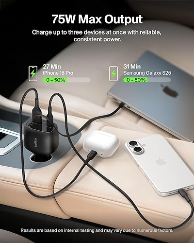 Belkin USB C Car Charger 75W w/ 30in Retractable USB C Cable - iPhone Charger, Compatible with iPhone 17 & 16 Series, Galaxy S25 Series, AirPods, Tablet, MacBook, Chromebook, etc. - Travel Essentials
