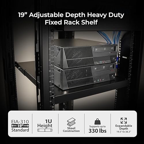IOGEAR 1U Adjustable Depth Fixed Server Rack Shelf – Heavy Duty Steel, 330 lb Capacity, 19.5–38.3 Depth, Solid 27.5 Shelf, TAA Compliant — GRSH02