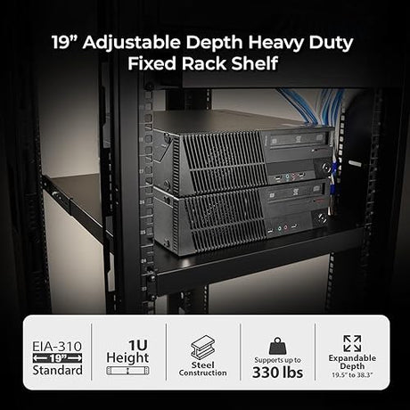 IOGEAR 1U Adjustable Depth Fixed Server Rack Shelf – Heavy Duty Steel, 330 lb Capacity, 19.5–38.3 Depth, Solid 27.5 Shelf, TAA Compliant — GRSH02
