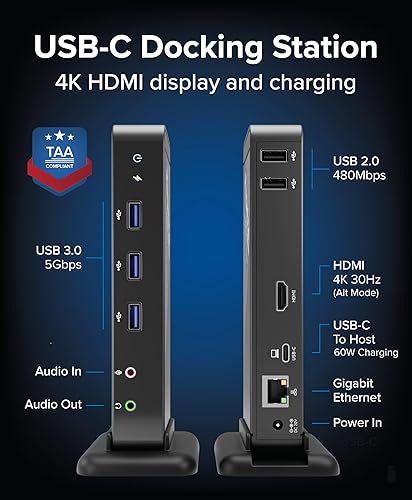 Plugable USB-C Dock with 4K HDMI and 60W Charging, Compatible with Thunderbolt 3/4, USB4, and USB C iPhone, iPad, Windows, and Chromebook 1Gbps Ethernet, 3X USB 3.0, 2X USB 2.0, Driverless