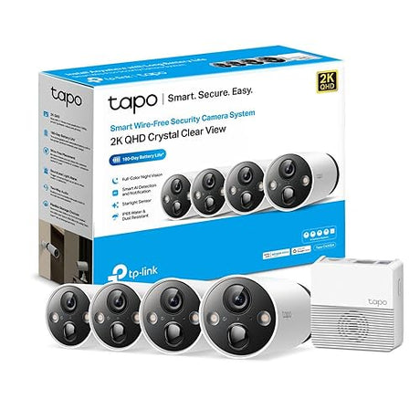 TP-Link Tapo 2K QHD Outdoor Wireless Security Camera System, Up to 180 Day Battery, Color Night Vision w/Starlight Sensor, Motion Detection, Works w/Alexa&Google Home, Hub Included (Tapo C420S4) 2K QHD w/Color Night Vision Outdoor 4 Camera System