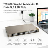 Tenda TEG1050F, 48 Port Gigabit Switch, Unmanaged Ethernet Switch with 48 Gigabit Ports & 2 SFP Slots, Plug & Play, Desktop/ Rack-Mount, Fanless & Metal Design, Limited Lifetime Protection