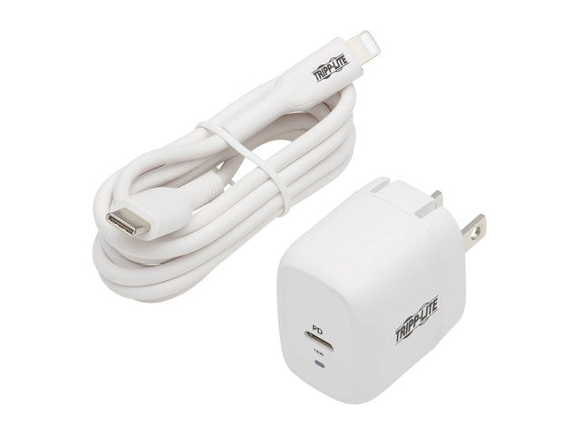 Compact USB-C Wall Charger - 18W PD Charging, GaN Technology, USB-C to Lightning Cable, White