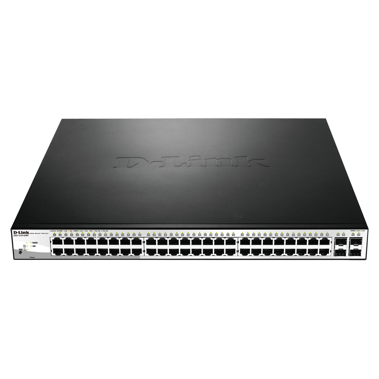 D-Link DGS-1210-52MP Ethernet Switch - 52 Ports - Manageable - Gigabit Ethernet - 10/100/1000Base-T, 1000Base-X - 3 Layer Supported - Modular - 4 SFP Slots - 48.90 W Power Consumption - 370 W PoE Budget - Twisted Pair, Optical Fiber - PoE Ports - 1U High