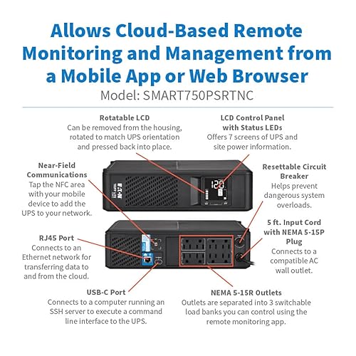 Eaton Tripp Lite Series SMART750PSRTNC 750VA Online Cloud-Connected Tower UPS Battery Backup & Surge Protector, 475W, Pure Sine Wave, AVR, Computer Uninterruptible Power Supply Units