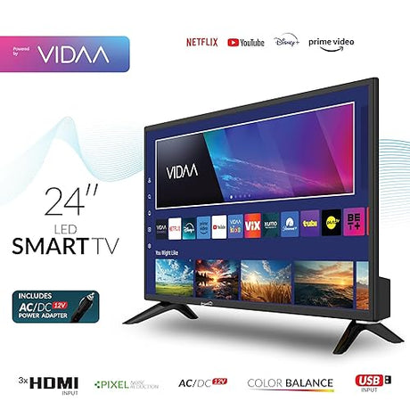 Supersonic SC-2420VTV 24-inch Smart AC/DC LED TV, Powered by VIDAA, 1080p, WiFi, Built-in Speakers, USB, 3X HDMI ARC, for Kitchen, RV, Boat, Truck, Playroom, Dorm Room, Remote, DC Car Cord Included SC-2420VTV- 24 Smart TV