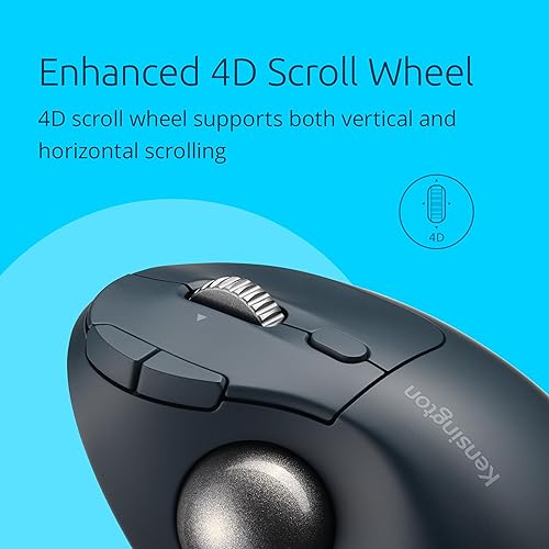 Kensington Pro Fit Ergo TB550 Trackball Mouse, Rechargeable Battery Included, Bluetooth(LE) & 2.4GHz Wireless Connections, Ergonomic Design, 4D Scroll Wheel, Charcoal Blue (K72196WW) Charcoal Blue/Grey Ball Wireless