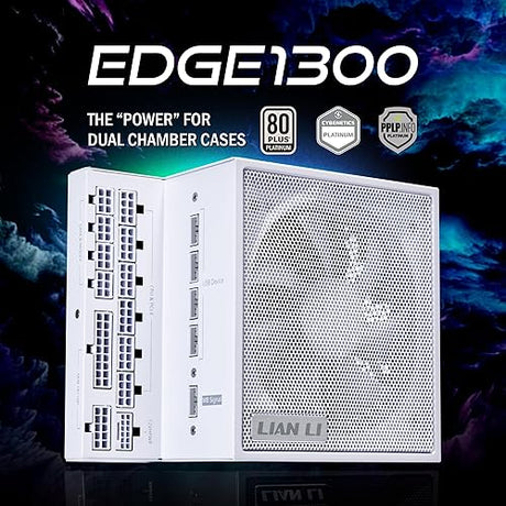 Lian Li Edge Series-1300W Full Modular Power Supply-80 PLUS Platinum-ATX 3.0, 3.1-PCIE 5.1-L-Shape Design for Dual Chamber Case-120mm FDB Fan-Supports up to 4X USB Devices-White (EG1300WE.US) 1300W Platinum ATX White