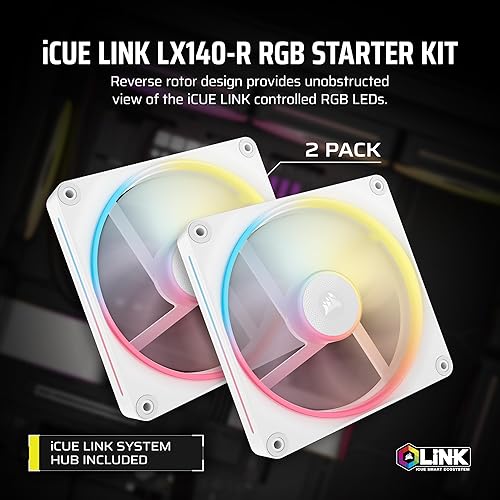 CORSAIR iCUE Link LX140-R RGB 140mm PWM Reverse Fans – Dual Fan Kit – Low-Noise, CORSAIR Magnetic Dome Bearing, Dual Light Loops, CORSAIR QuikTurn™ Screws, Zero RPM Mode – White 2 x 140mm White