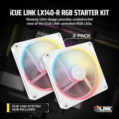 CORSAIR iCUE Link LX140-R RGB 140mm PWM Reverse Fans – Dual Fan Kit – Low-Noise, CORSAIR Magnetic Dome Bearing, Dual Light Loops, CORSAIR QuikTurn™ Screws, Zero RPM Mode – White 2 x 140mm White