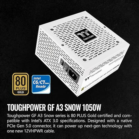 Thermaltake Toughpower GF A3 Snow Edition 1050W 80+ Gold Full Modular SLI/Crossfire Ready ATX 3.0 Power Supply; PCIe Gen.5 600W 12VHPWR Connector Included; PS-TPD-1050FNFAGU-N; 10 Year Warranty