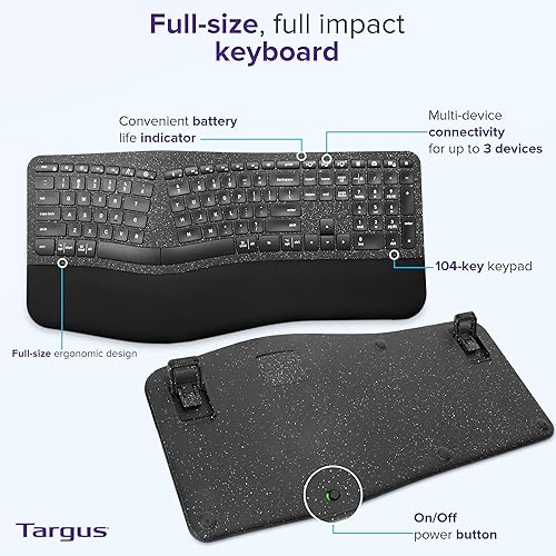 Targus Full-Size Ergonomic Sustainable EcoSmart Bluetooth Keyboard - Compatible with Chrome OS, Windows, macOS, iOS, and Android (AKB871US) Battery