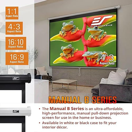 Elitescreens Manual B, 80 Diag. 16:9, Pull Down Manual Projector Screen with AUTO Lock, Movie Home Theater 8K 4K Ultra HD 3D Ready, 2-Year Warranty, M80H 16:9, 80 inch