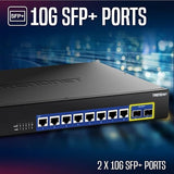 TRENDnet 10-Port 10G Unmanaged Switch, TEG-S7102, 8 x 10G RJ-45 Ports, 2 x 10G SFP+ Ports, 200Gbps Switching Capacity, Rackmount Design, Lifetime Protection, Black