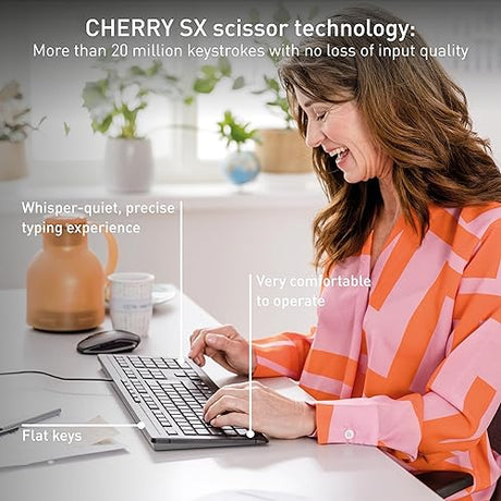 CHERRY Stream Keyboard Wired USB SX Scissors Mechanism QWERTY Whisper-Quiet Silent Keystroke for Home Office, Work or Personal Computer. Black Regular Black