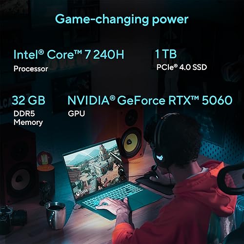 ASUS V16 Gaming Laptop, 16” WUXGA 144Hz Display, Intel Core 7 Processor 240H, NVIDIA GeForce RTX 5060, 32GB Memory, 1TB Storage, Windows 11, Matte Black, V3607VM-DS79