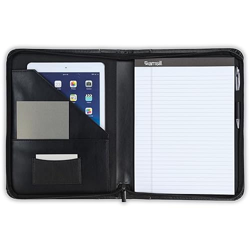 Samsill Contrast Stitch Leather Portfolio Zippered Closure Case, 8.5 inch x 11 inch Writing Pad, Black