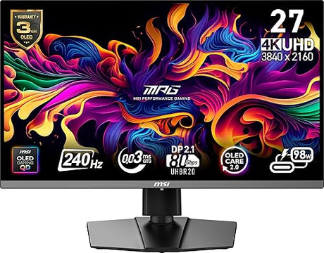 MSI MPG 272URX QD-OLED 27-inch 3840 x 2160 (UHD) Computer Monitor, 240Hz, Adaptive-Synch, HDMI, DP Port, VESA Mountable, Tilt, Speaker, 0.03ms, Black