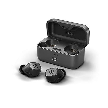 EPOS GTW 270 Wireless Gaming Earbuds, Bluetooth, Noise Reducing Closed Design, Dual Mics, Ergonomic Fit, IPX 5 Water Resistant, Portable Charging Case, 20 Hours of Playtime,Black/Silver/Grey