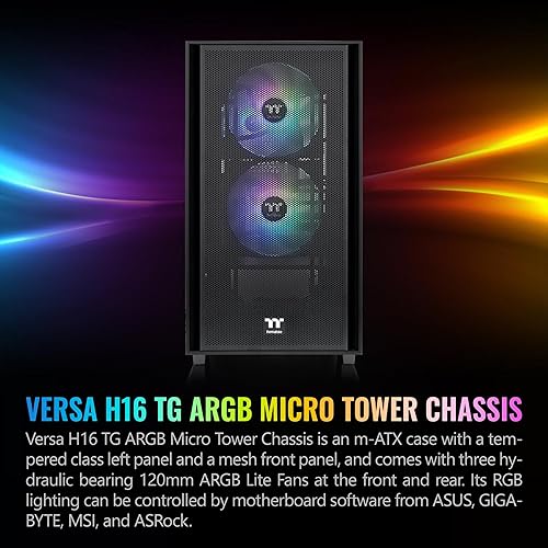 Thermaltake Versa H16 TG ARGB Black Micro ATX Tower Case; Tempered Glass Side Panel; 3 Pre-Installed ARGB Fans; CA-1Y8-00S1WN-02; 3 Year Warranty