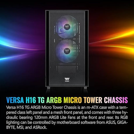 Thermaltake Versa H16 TG ARGB Black Micro ATX Tower Case; Tempered Glass Side Panel; 3 Pre-Installed ARGB Fans; CA-1Y8-00S1WN-02; 3 Year Warranty