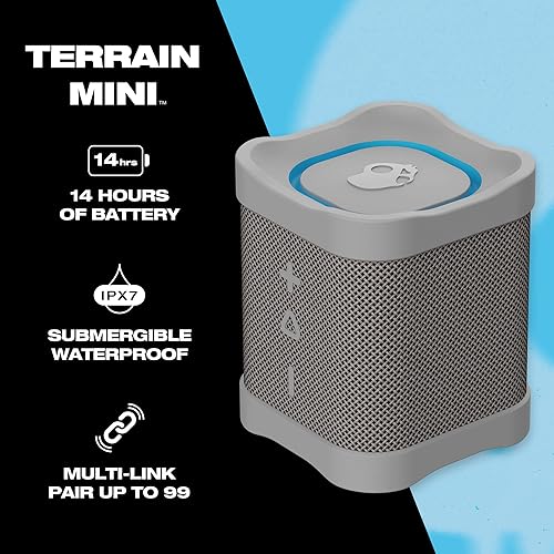 Skullcandy Terrain Mini Wireless Bluetooth Speaker - IPX7 Waterproof Portable Speaker with Dual Custom Passive Radiators, 14 Hour Battery, Nylon Wrist Wrap, & True Wireless Stereo Grey Terrain Mini