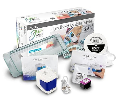 Royal 89745K e-Mark go Handheld Mobile Printer Bundle Pack; Includes: 3-Color Ink Cartridge, 5 mm Cotton Ribbon, and Ribbon Guide; Charges Via Included USB Cable; App Compatible with Android and iOS