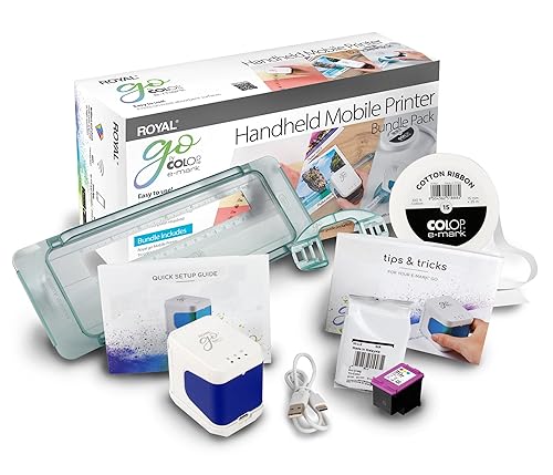 Royal 89745K e-Mark go Handheld Mobile Printer Bundle Pack; Includes: 3-Color Ink Cartridge, 5 mm Cotton Ribbon, and Ribbon Guide; Charges Via Included USB Cable; App Compatible with Android and iOS