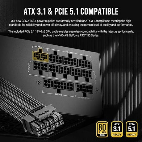 ANTEC GSK850 V2 ATX3.1, 750W Full Modular PSU, 80 Plus Gold Certified, PCIE 5.1 Support, PhaseWave Design, Zero RPM Manager, 120mm Silent Fan, 10-Year Warranty, Braised Cable