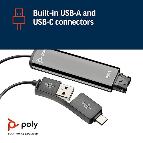 Poly - DA75 USB-A/USB-C digital adapter (Plantronics) - Works with Poly Call Center Quick Disconnect (QD) Headsets - Acoustic Hearing Protection -Works with Avaya, Genesys,&Cisco call center platforms