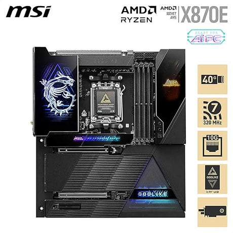 MSI Meg X870E GODLIKE, E-ATX - Compatible with AMD Ryzen 9000/8000/7000 Processors, AM5 - Dynamic Dashboard III, EZ Slide M.2, 110A SPS, DDR5 Memory (9000+ MT/s OC), M.2 and PCIe 5.0, USB4, Wi-Fi 7,