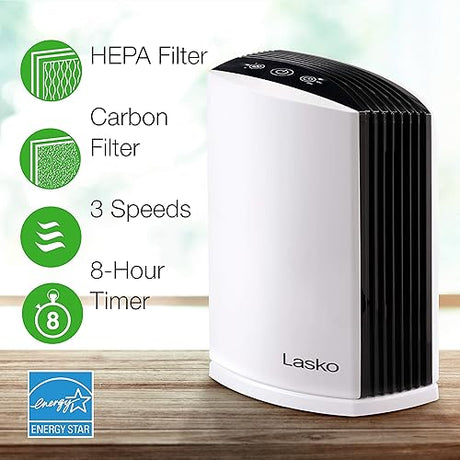 Lasko LP200 HEPA Desktop Air Purifier with Timer for a Cleaner,Fresher Home Environment –2-Stage Filtration Removes Smoke, Odors, Pet Dander, Virus Sized Particles,Pollen, 14.75 x 7.3” x 10.3”, White