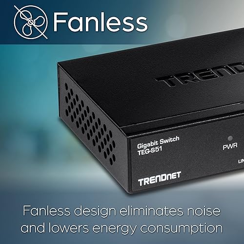 TRENDnet 5-Port Gigabit Desktop Switch, TEG-S51, 5 x Gigabit RJ-45 Ports, 10Gbps Switching Capacity, Fanless Design, Metal Enclosure, Lifetime Protection, Black