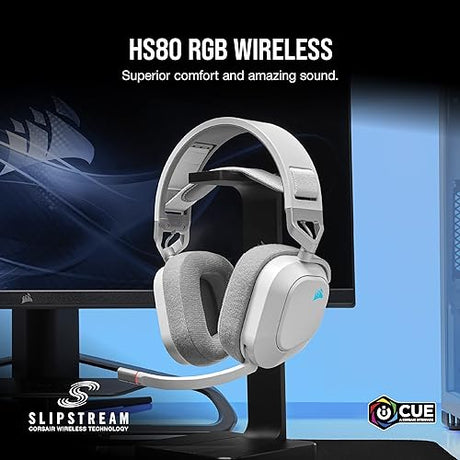 Corsair HS80 RGB Wireless Premium Gaming Headset with Dolby Atmos Audio (Low-Latency, Omni-Directional Microphone, 60ft Range, Up to 20 Hours Battery Life, PS5/PS4 Wireless Compatibility) White Wireless White