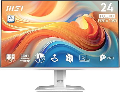 MSI PRO MP243W E14 24-inch IPS 1920 x 1080 (FHD) Computer Monitor, 144Hz, Adaptive-Sync, HDR Ready, HDMI, Display Port, VESA Mountable, Tilt, 4-Side Slim Bezel, 1ms, White