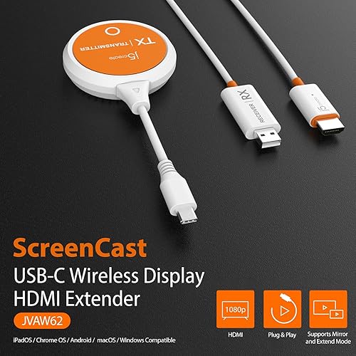 j5create ScreenCast USB-C to HDMI Wireless Display Transmitter and Receiver, Supports 1080p, Compatible with MacBook, iPad Pro, ChromeOS, USB-C Laptops and Android (JVAW62)