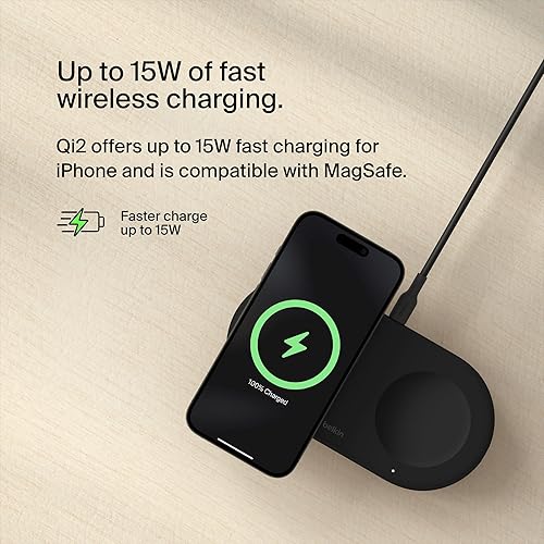 Belkin 2-in-1 Wireless Charging Pad w/ Qi2 15W + Additional USB-C Port - MagSafe-Compatible Charger, Charging Station for iPhone 16 & 15 Series, Samsung Galaxy S25 Series, AirPods, & More - Black Black 2 in 1 Pad (New)