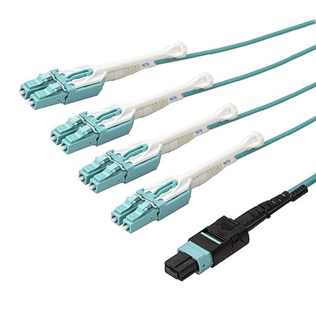 StarTech.com 1m (3ft) MTP(F)/PC to 4X LC/PC Duplex Breakout OM3 Multimode Fiber Optic Cable, OFNP, 8F Type-A, 50/125µm LOMMF, 40G Networks, Low Insertion Loss, MPO to LC Fiber Patch Cord (MPO8LCPL1M)