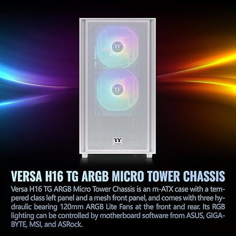 Thermaltake Versa H16 TG ARGB Snow Micro ATX Tower Case; Tempered Glass Side Panel; 3 Pre-Installed ARGB Fans; CA-1Y8-00S6WN-01; 3 Year Warranty
