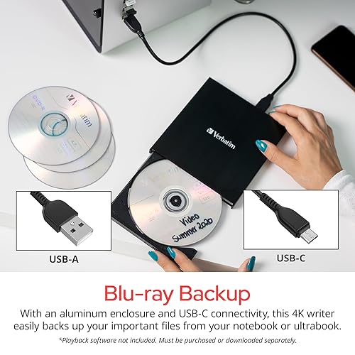 Verbatim Ultra HD 4K CD DVD Blu-ray Writer USB 3.2 GEN 1 USB-C Connectivity Slim Brushed Metal Enclosure Compatible with Mac and PC with Free 25GB Verbatim Blu-ray disc